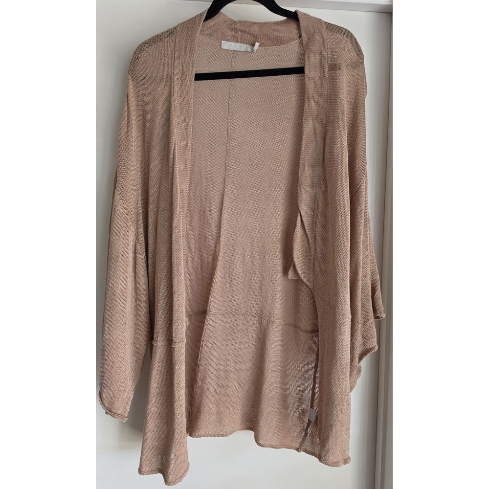Kain Women's Open Cardigan Beige Linen Viscose Made in USA Coastal Grandmother